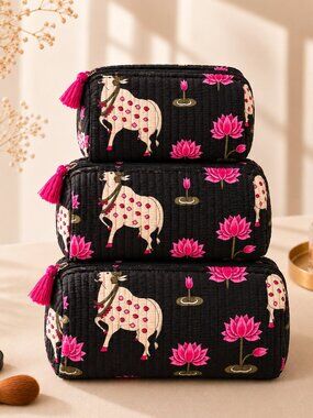 Set of 3 Black Pink Lotus Cow Print Cosmetic Bag Quilted Cotton Toiletry Pouch
